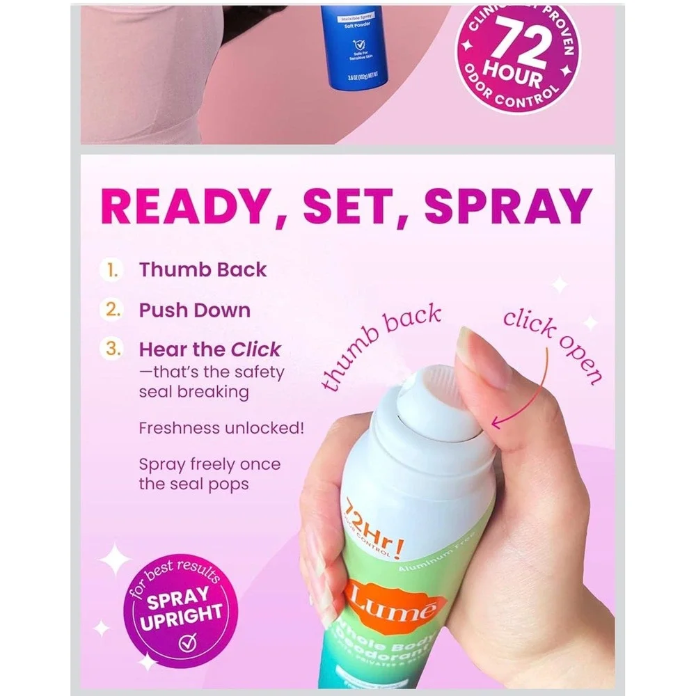 Lume Whole Body Deodorant Invisible Spray Clean Tangerine 3.6oz 3‎ Pack New